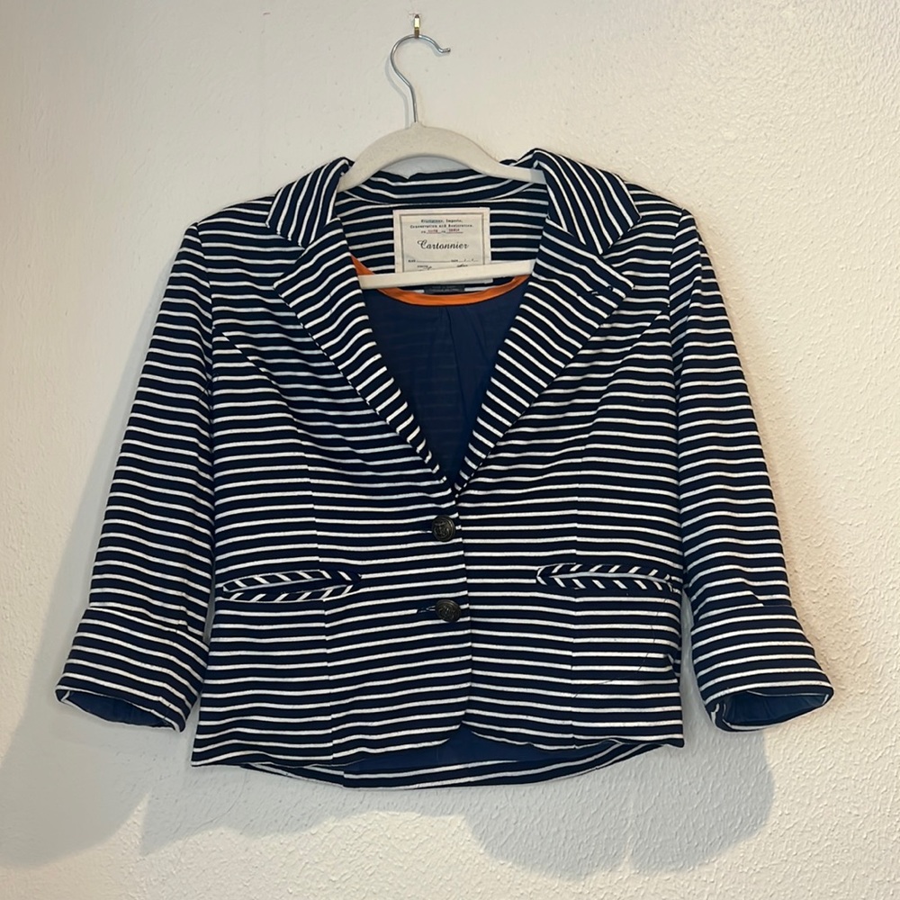 Cropped, navy blue and white striped, cotton blazer